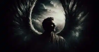 Temný anjel s rozprestretými čiernymi krídlami v dramatickom osvetlení symbolizujúci pád Lucifera.