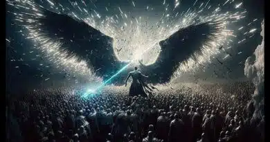 Mocný anjel s rozprestretými krídlami stojaci pred zástupom ľudí, obklopený svetlom a energiou.