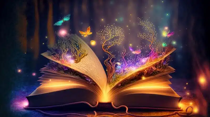 Otvorená kniha s magickými svetelnými efektmi, z ktorej vyrastajú stromy a motýle, symbolizujúca život a múdrosť.