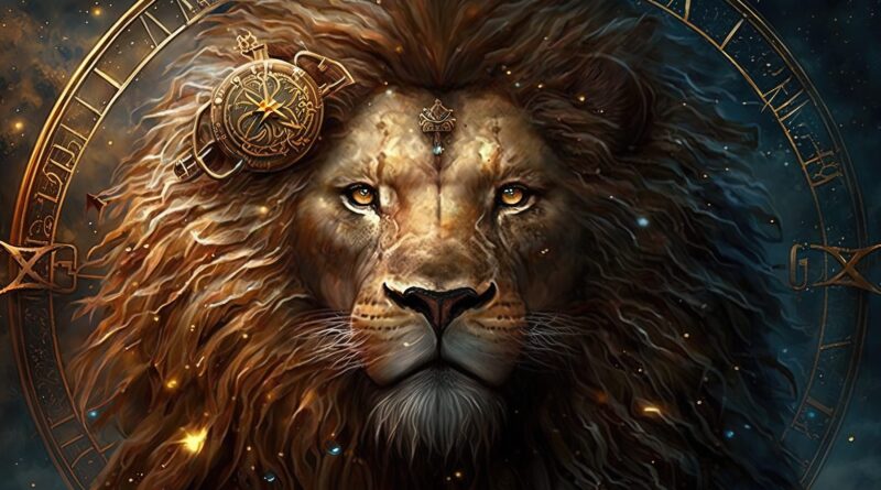 Astrologický symbol leva zobrazený na majestátnom lve, obklopený hviezdami a astrologickými znakmi.