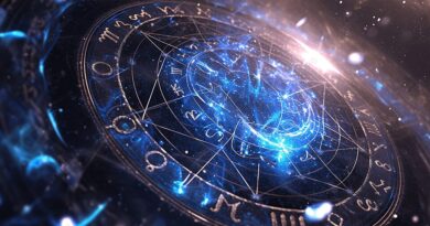 Astrologický zverokruh s hviezdami a svetelnými efektmi, zobrazený v tmavom vesmírnom prostredí.