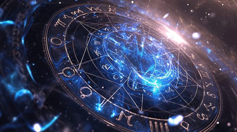 Astrologický zverokruh s hviezdami a svetelnými efektmi, zobrazený v tmavom vesmírnom prostredí.