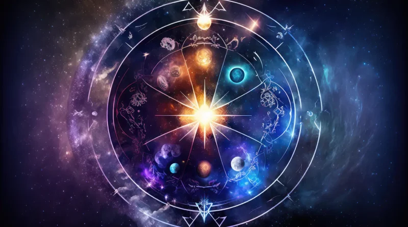 Zobrazenie zverokruhu so symbolmi astrologických znamení a hviezd, obklopené planetami, symbolizujúce vesmírnu moc a zdravie.