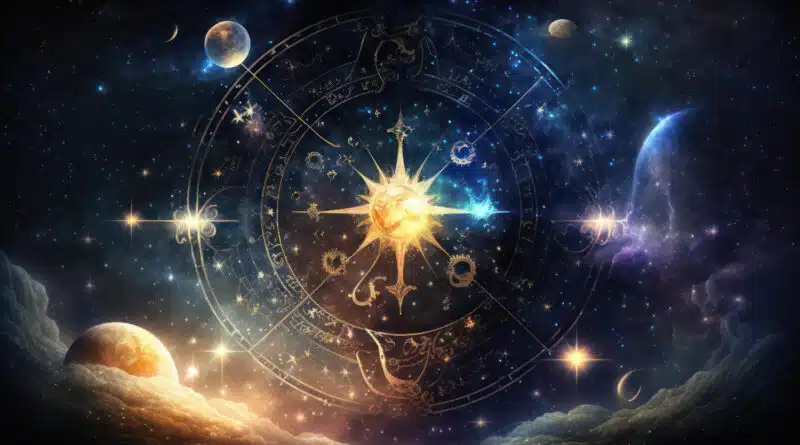 Zobrazenie astrologických symbolov a mystických prvkov s hviezdami a planétami, symbolizujúce moc a tajomstvo zverokruhu.