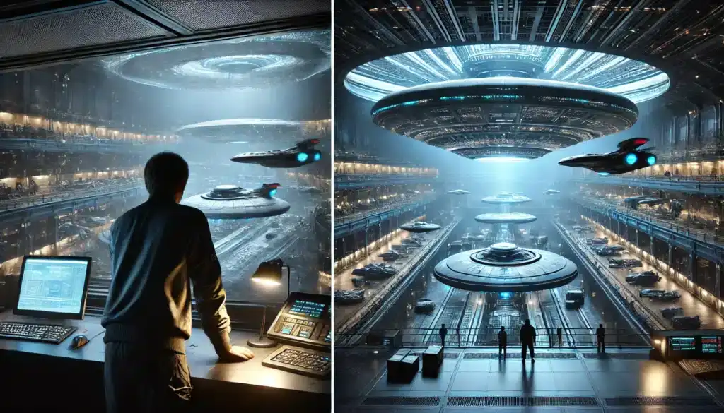 Mimozemská loď pristáva na futuristickej základni, kde človek pozoruje prichádzajúce UFO a technológie v obrovskej hangári.