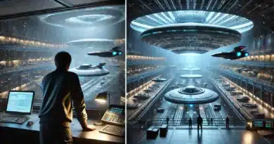 Mimozemská loď pristáva na futuristickej základni, kde človek pozoruje prichádzajúce UFO a technológie v obrovskej hangári.