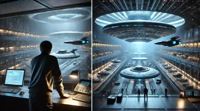 Mimozemská loď pristáva na futuristickej základni, kde človek pozoruje prichádzajúce UFO a technológie v obrovskej hangári.