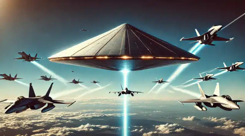 Veľké trojuholníkové UFO, ktoré je prenasledované stíhačkami, vyžaruje silný svetelný lúč, zatiaľ čo je obklopené vojenskými lietadlami v intenzívnej vzdušnej scéne.