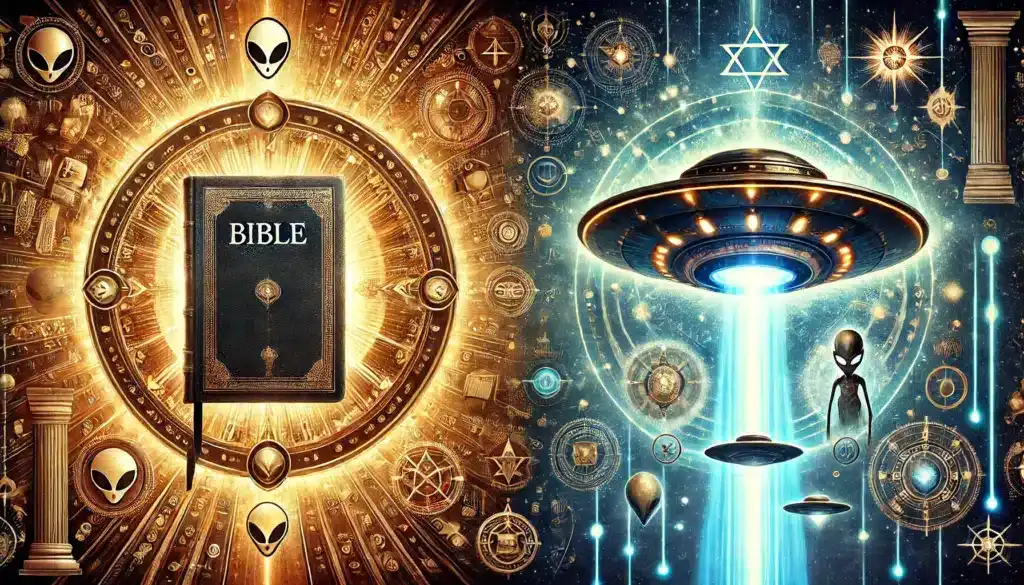 Porovnanie Biblie a UFO, na ľavej strane žiarivá Biblia obklopená starovekými posvätnými symbolmi, na pravej strane UFO s mimozemskými bytosťami a rôznymi symbolmi spojenými s mimozemským fenoménom.