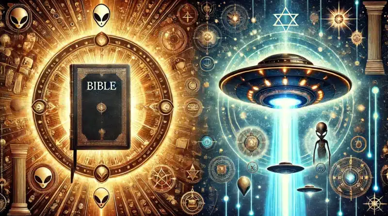 Porovnanie Biblie a UFO, na ľavej strane žiarivá Biblia obklopená starovekými posvätnými symbolmi, na pravej strane UFO s mimozemskými bytosťami a rôznymi symbolmi spojenými s mimozemským fenoménom.