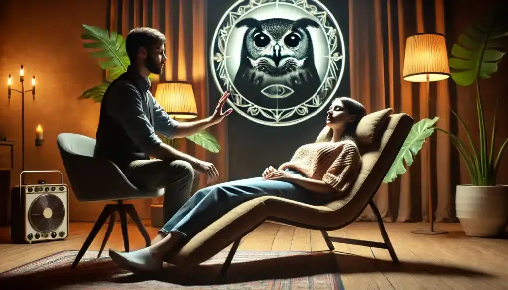 Hypnotická relácia v tmavšej miestnosti, kde hypnotizér vedie osobu v hypnotickom stave, zatiaľ čo na pozadí je zobrazený obraz sovy.