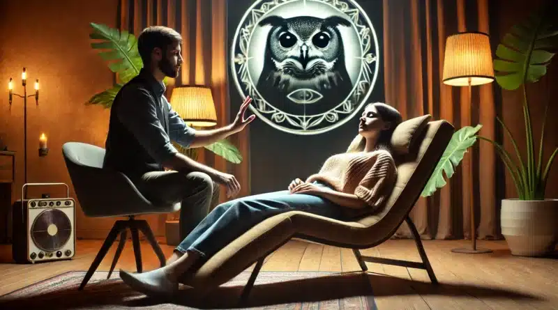 Hypnotická relácia v tmavšej miestnosti, kde hypnotizér vedie osobu v hypnotickom stave, zatiaľ čo na pozadí je zobrazený obraz sovy.