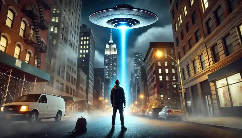 Svedok stojí na ulici v Manhattane a hľadí s úžasom na obrovské UFO, ktoré sa vznáša nad mestom.