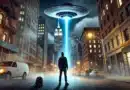 Svedok stojí na ulici v Manhattane a hľadí s úžasom na obrovské UFO, ktoré sa vznáša nad mestom.