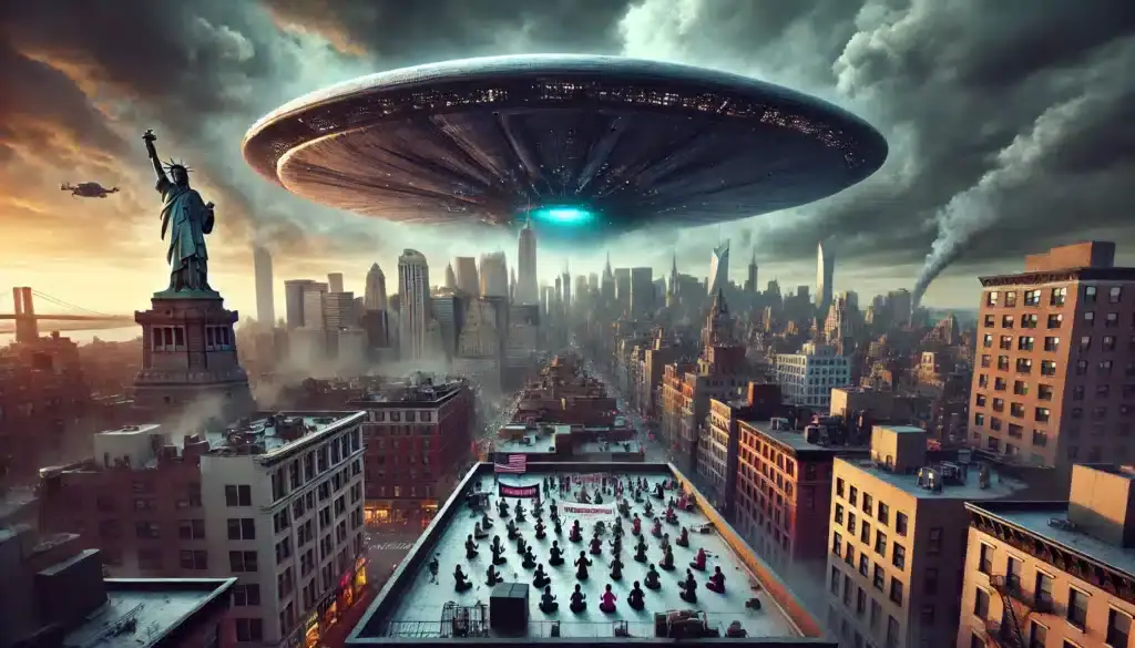 Obrovské UFO nad New Yorkom, v pozadí Socha slobody a mestská panoráma, s obyvateľmi pozorujúcimi príchod mimozemskej invázie.