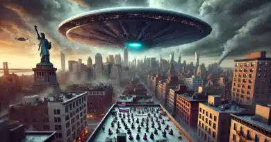Obrovské UFO nad New Yorkom, v pozadí Socha slobody a mestská panoráma, s obyvateľmi pozorujúcimi príchod mimozemskej invázie.