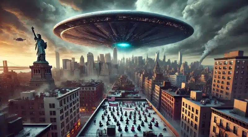 Obrovské UFO nad New Yorkom, v pozadí Socha slobody a mestská panoráma, s obyvateľmi pozorujúcimi príchod mimozemskej invázie.