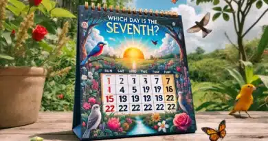 Kalendár v prírodnom prostredí so zobrazeným dátumom a otázkou "Which day is the seventh?" (Ktorý deň je siedmy?), obklopený stromami, kvetmi a vtákmi.