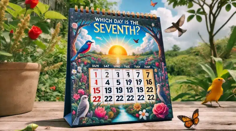 Kalendár v prírodnom prostredí so zobrazeným dátumom a otázkou "Which day is the seventh?" (Ktorý deň je siedmy?), obklopený stromami, kvetmi a vtákmi.