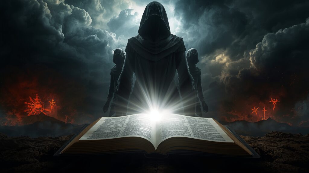 Otvorená Biblia vyžarujúca svetlo pred temnými postavami v apokalyptickej krajine symbolizujúca falošný výklad proroctiev a duchovný klam