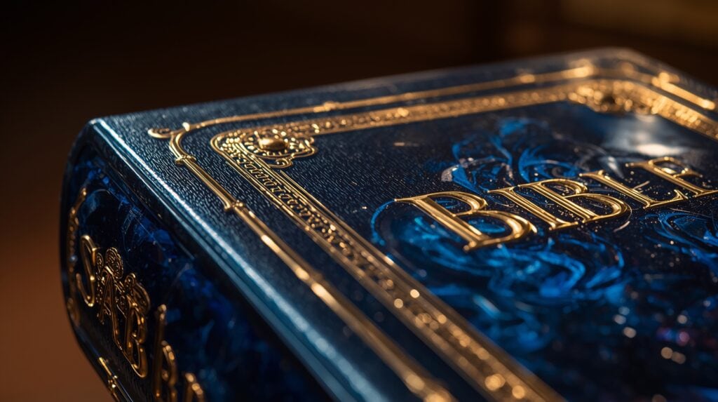 Detail Biblie so zlatým nápisom ako symbol soboty v celej Biblii a Božej autority