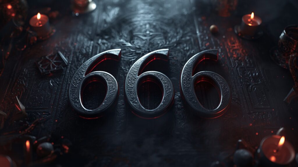 Symbolické zobrazenie čísla 666 v temnom prostredí so sviecami a rituálnymi prvkami ako obraz moci šelmy, klamu a protibožského systému opísaného v knihe Zjavenie