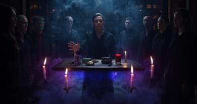 Špiritistický rituál so sviečkami, skupina ľudí okolo oltára, okultné symboly, kontakt s duchmi a démonmi, temná duchovná prax