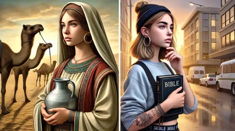 Porovnanie dvoch žien, na ľavej strane biblická Rebeka v tradičnom starovekom stredovýchodnom oblečení s džbánom a na pravej strane moderná žena v mestskom prostredí, drží Bibliu a má moderné tetovanie a piercingy.