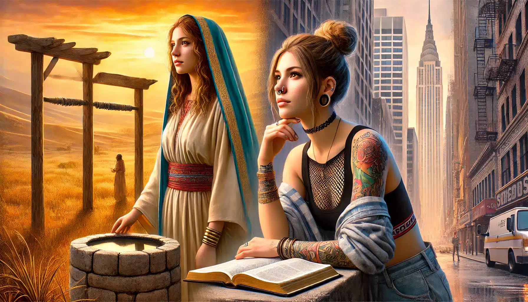 DALL·E 2025 02 12 16.16.28 A split screen digital painting featuring two women On the left Rebekah from the Bible wearing a traditional flowing robe with a golden nose ring