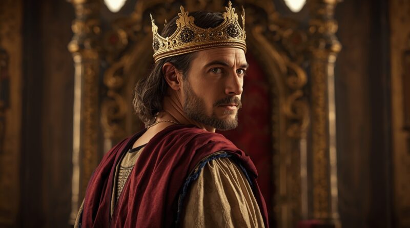 Šalamún, kráľ Izraela s korunou na hlave, stojí na kráľovskom dvore ako vládca známy múdrosťou, bohatstvom aj duchovným pádom spôsobeným modlárstvom.