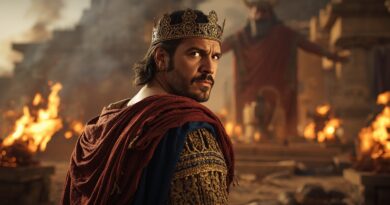 Jeroboám, kráľ severného Izraela so zlatou korunou, stojí pri oltári modlárstva, keď zaviedol uctievanie zlatých teliat a odvrátil ľud od Božieho zákona.