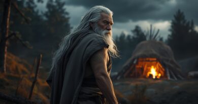 starý muž Matuzalem stojí pred príbytkom v lese v noci, v pozadí horí oheň