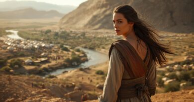 Miriám stojí na vyvýšenom mieste nad táborom Izraelitov pri rieke v púštnom prostredí, historický biblický odev, realistická scéna.