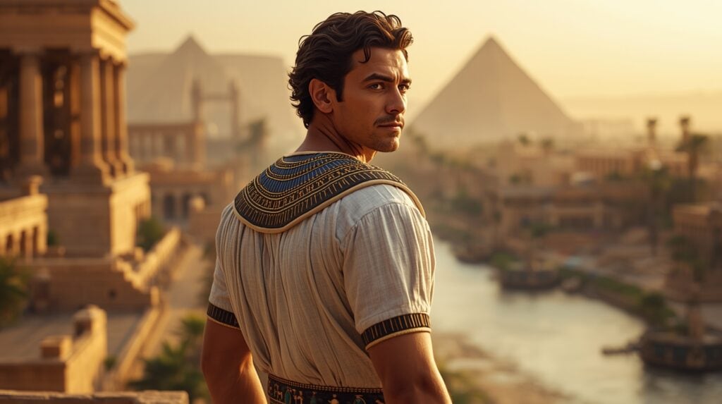 Jozef stojí nad riekou v starovekom Egypte s pyramídami v pozadí