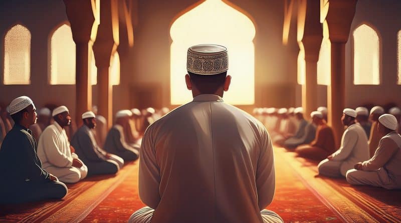 Muslim modliaci sa v mešite, obklopený ostatnými veriacimi modliacimi sa za ním.
