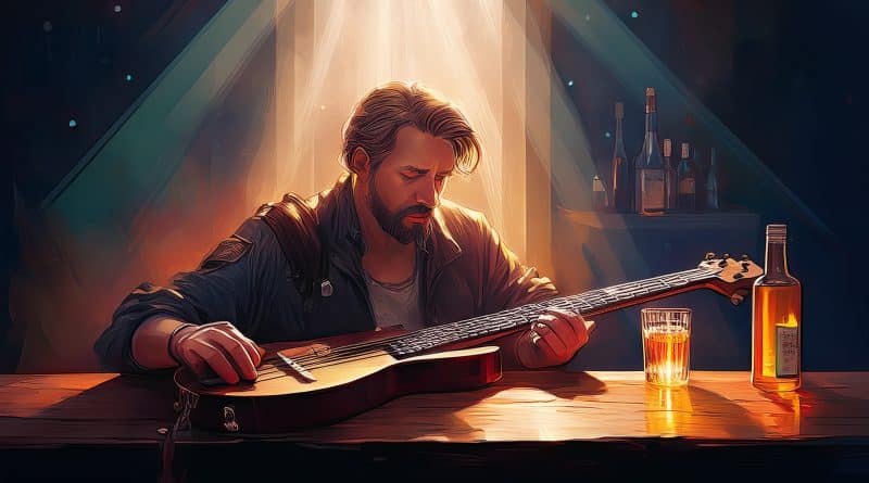 Smutný basgitarista v izbe s alkoholom na stole a sklennou v ruke, Biblia na stole vydávajúca svetlo.