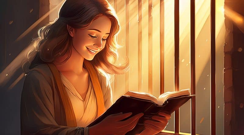 Žena za mrežami číta Bibliu, cíti radosť, keď na ňu dopadá jemný lúč svetla zvonku.