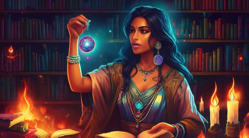 Žena drží rozbitý amulet v pravej ruke, okultné knihy horia v miestnosti obklopenej amuletmi v knižnici.