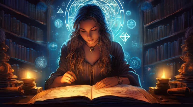 Mladá žena študujúca tajomné spisy, obklopená žiariacimi okultnými symbolmi v mystickej atmosfére.