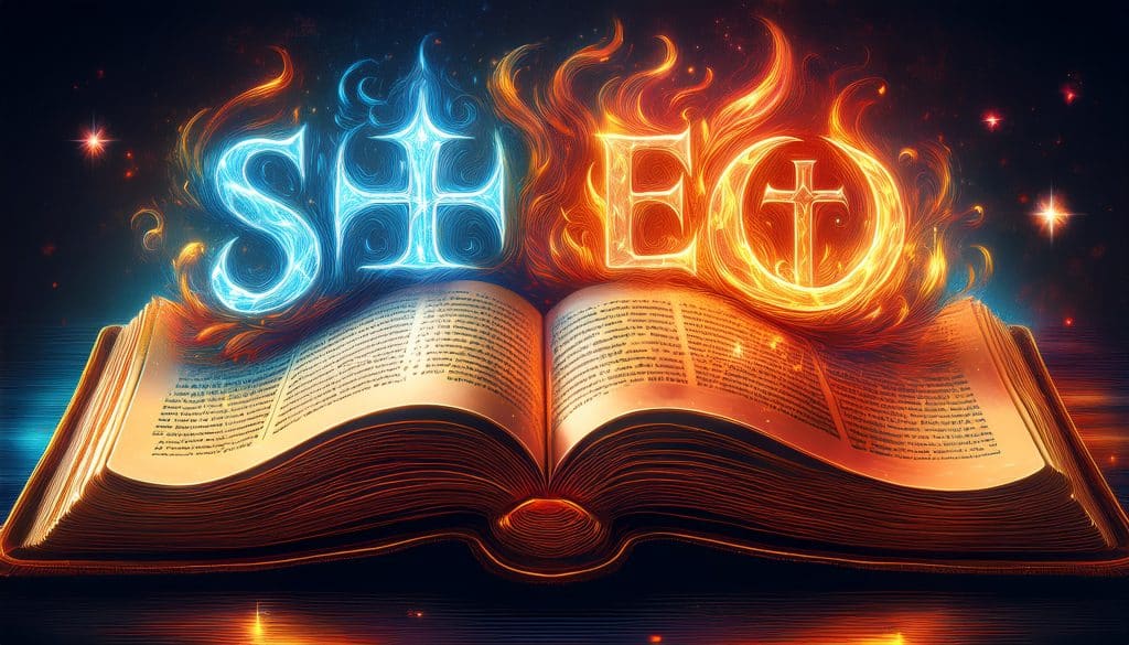 Otvorená Biblia s hebrejskými a grécko-latinskými výrazmi pre peklo, ožiarená nebeským svetlom na pozadí ohnivých plameňov.