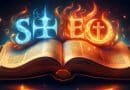 Otvorená Biblia s hebrejskými a grécko-latinskými výrazmi pre peklo, ožiarená nebeským svetlom na pozadí ohnivých plameňov.