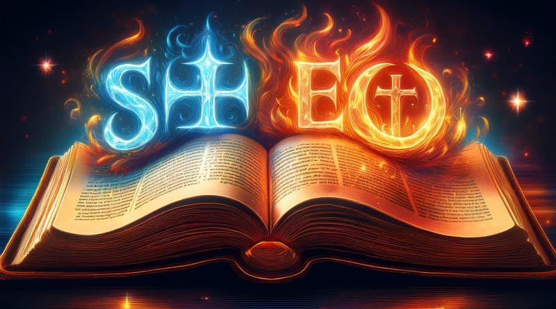 Otvorená Biblia s hebrejskými a grécko-latinskými výrazmi pre peklo, ožiarená nebeským svetlom na pozadí ohnivých plameňov.