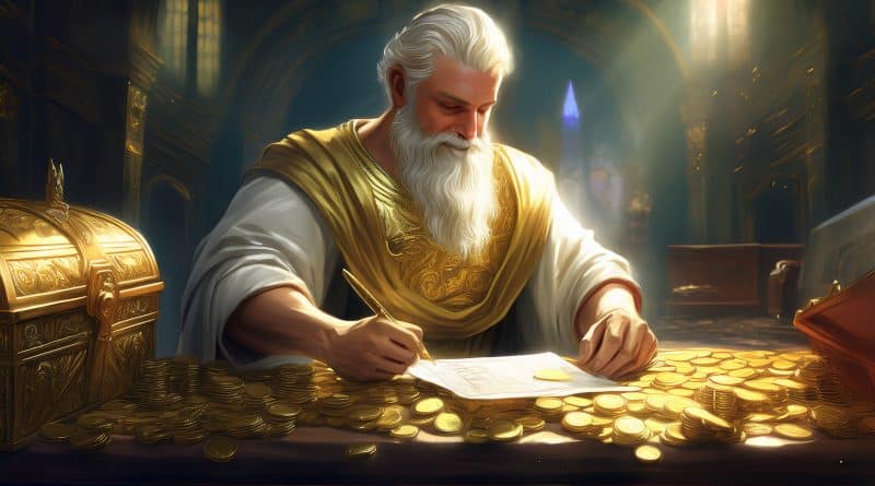 Starší muž v zlatých šatách píše na pergamene obklopený zlatými mincami a truhlou plnou zlata, symbolizujúcou bohatstvo a múdrosť.