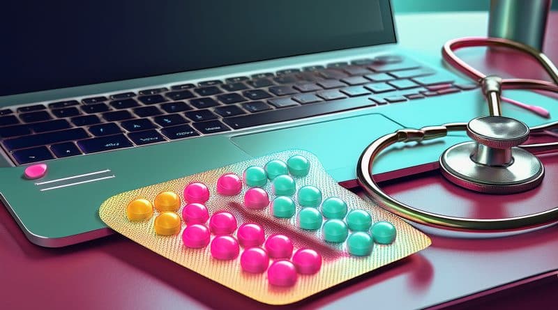Tabletky antikoncepcie a stetoskop vedľa laptopu, symbolizujúce spojenie medicíny a otázky zdravia v súvislosti s antikoncepciou.