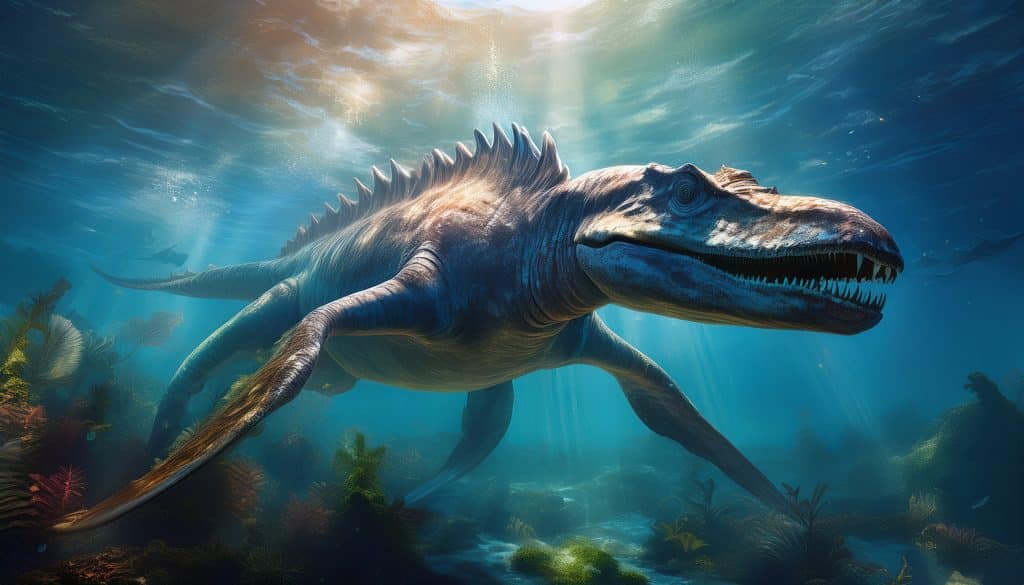 Ichtyosaurus plávajúci v mori, symbolizujúci diskusiu o pôvode a vývoji ichtyosaurov ako morských plazov.