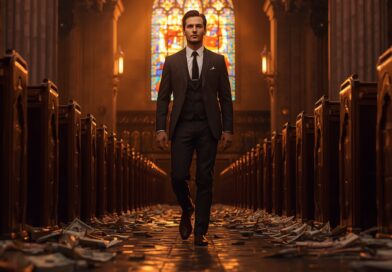 Muž kráčajúci chrámom pomedzi lavice a peniaze na zemi ako symbol opustenia evanjelia prosperity