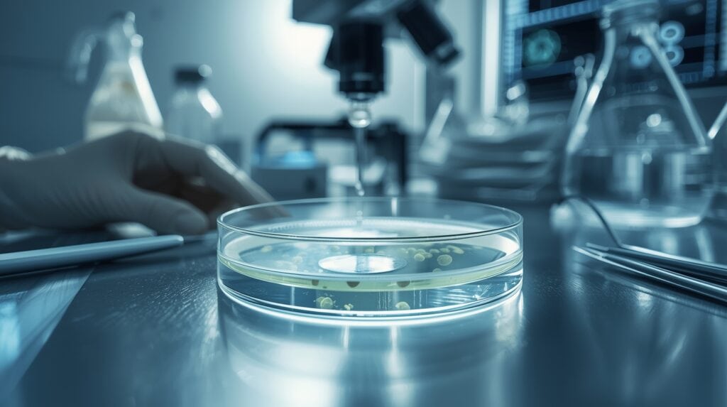 Laboratórna miska s biologickým materiálom ako symbol neplodnosti, umelého oplodnenia IVF a etických otázok prokreácie v svetle biblických princípov