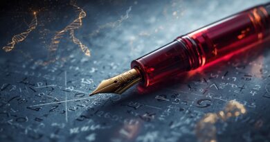 Plniace pero nad matematickými symbolmi a špirálami DNA symbolizujúce pôvod biologickej informácie a inteligentný dizajn života