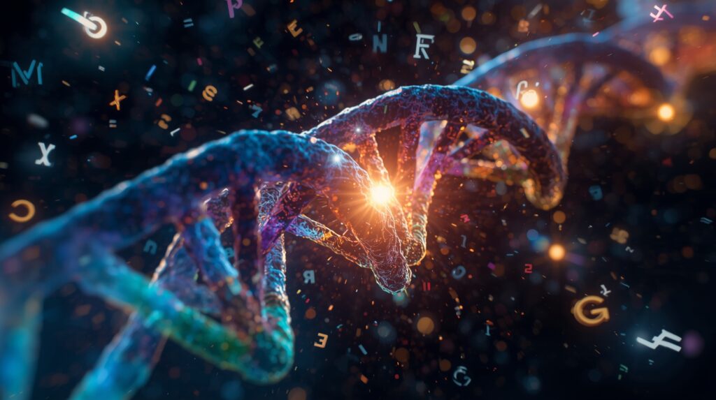 Priestorová štruktúra DNA so žiarivým jadrom a symbolmi informácie ako znázornenie genetickej gramatiky a regulácie génovej aktivity