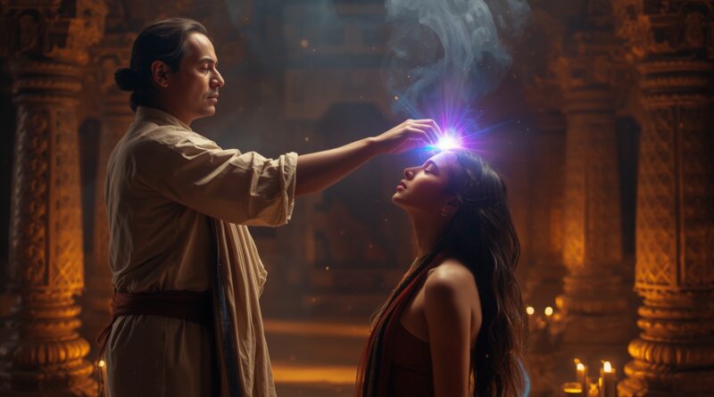 Duchovný učiteľ dotýkajúci sa čela ženy so svetelným efektom, symbolizujúci duchovné prebudenie, prenášanie energie, kundalini prejavy a paralely s letničnými duchovnými skúsenosťami